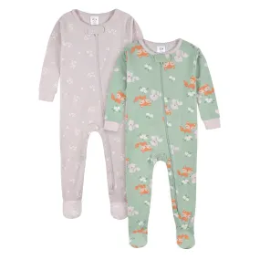 2-Pack Baby & Toddler Girls Purple Woodland Fox Snug Fit Footed Cotton Pajamas