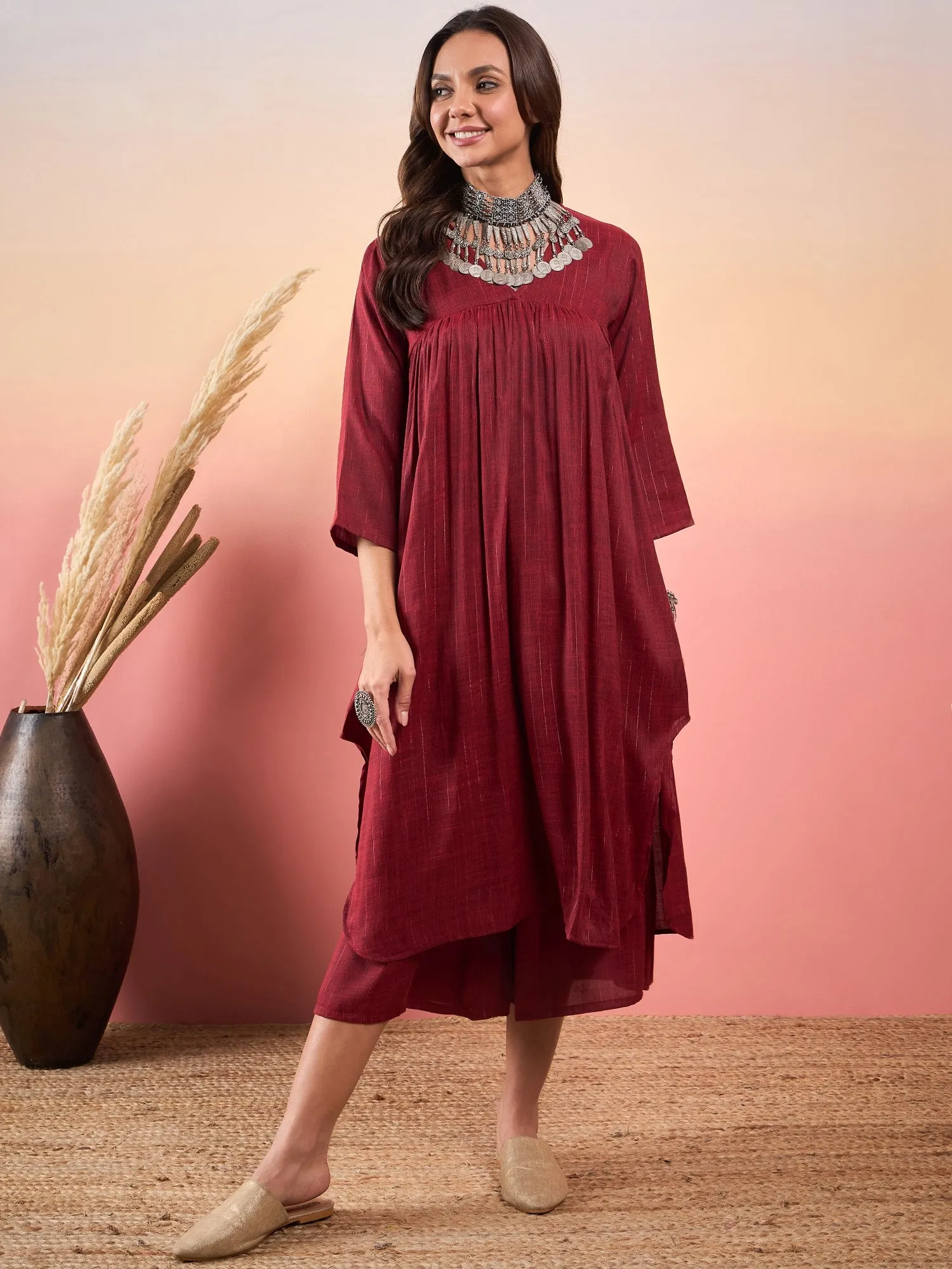 Barn Red Double Tone Lurex V Neck Flared Kurta Set