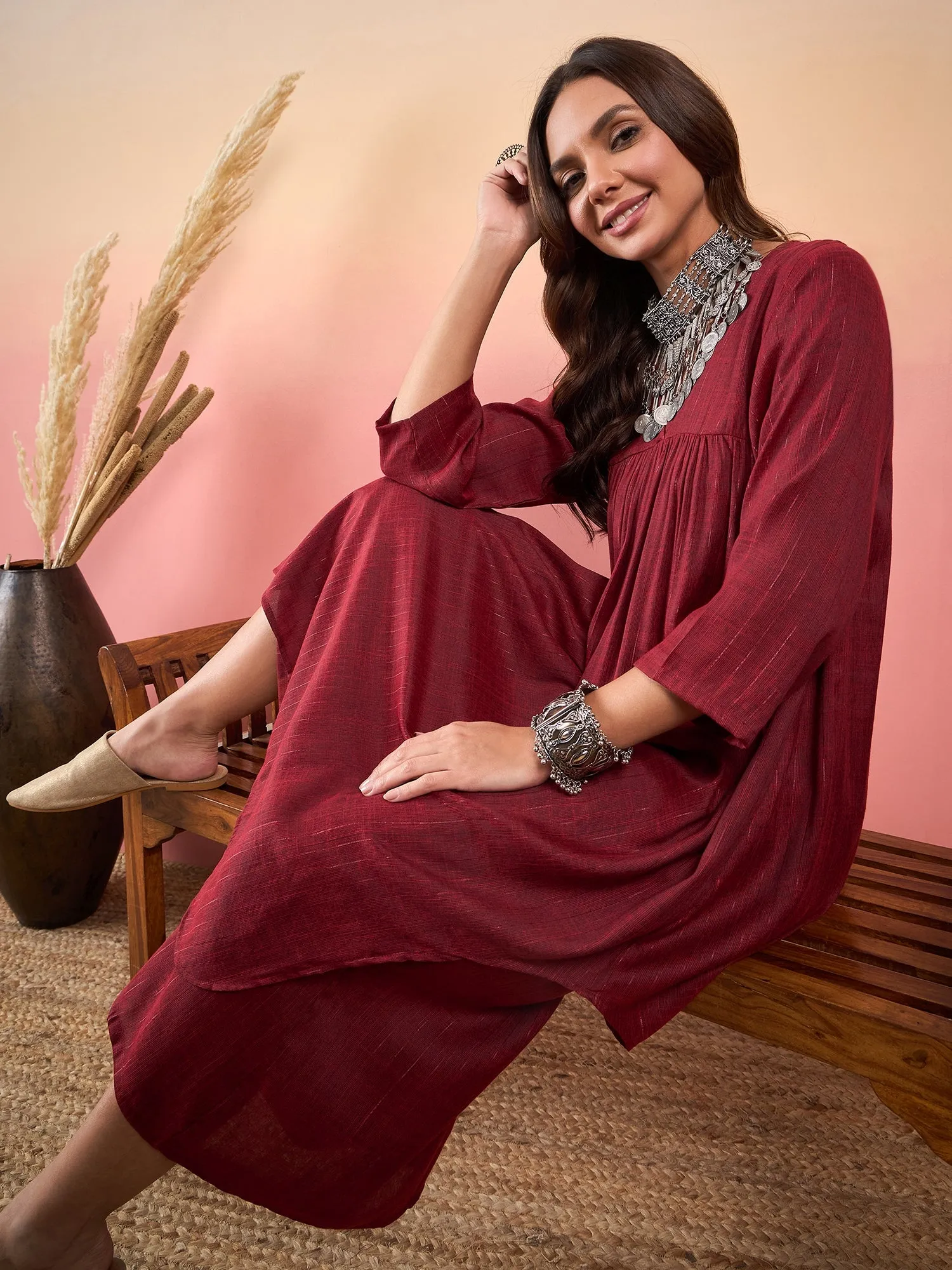 Barn Red Double Tone Lurex V Neck Flared Kurta Set