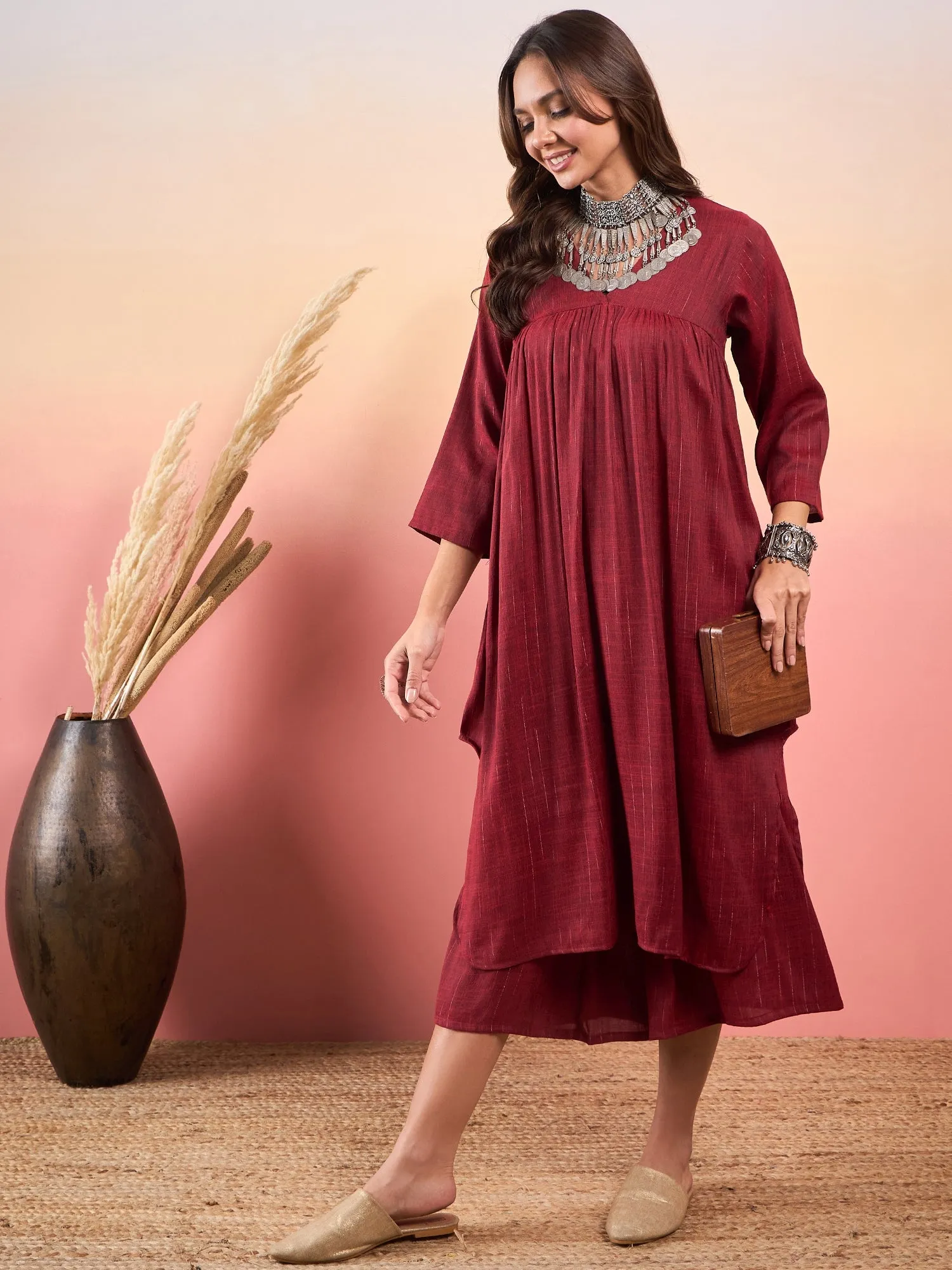 Barn Red Double Tone Lurex V Neck Flared Kurta Set