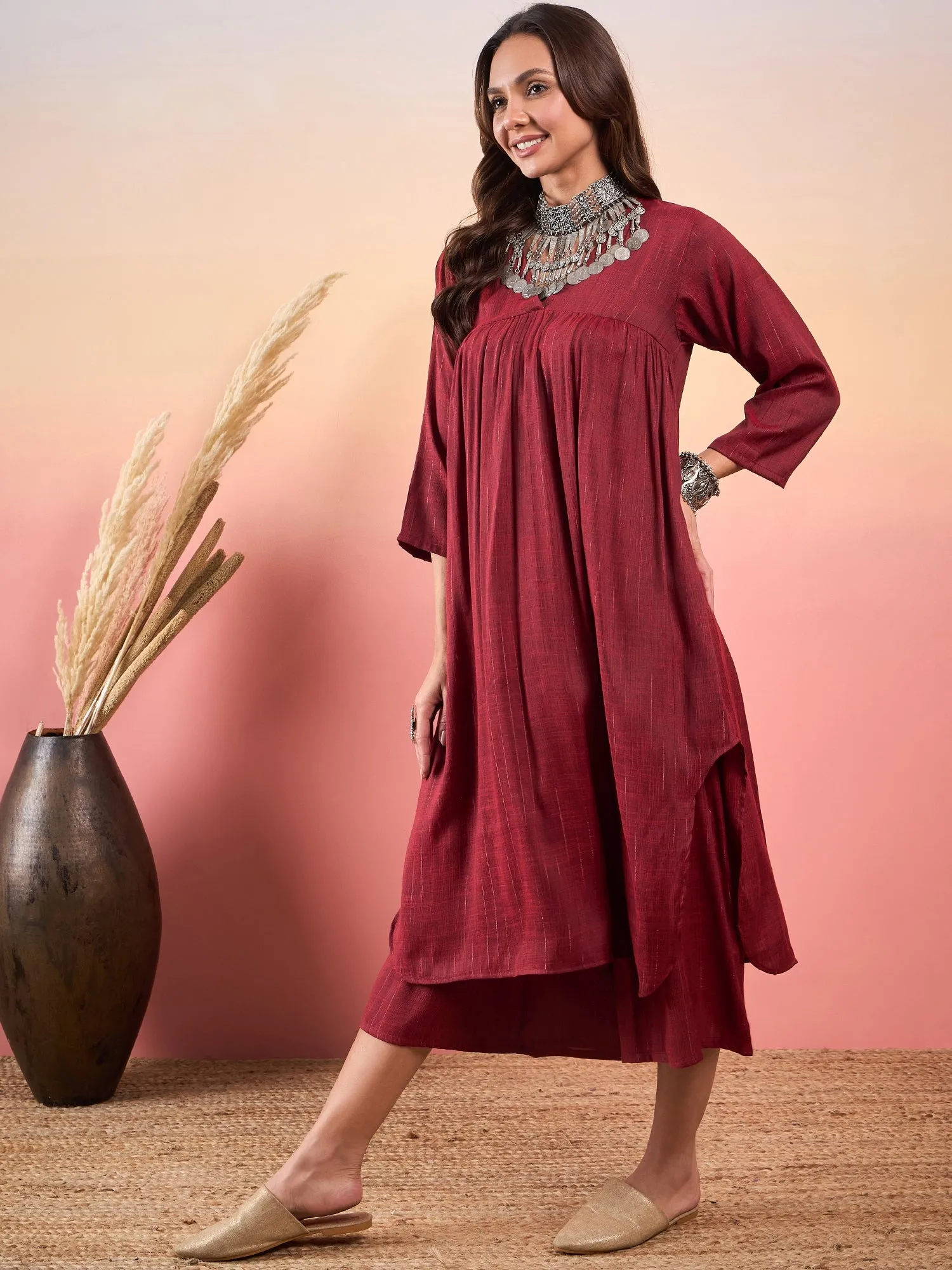 Barn Red Double Tone Lurex V Neck Flared Kurta Set