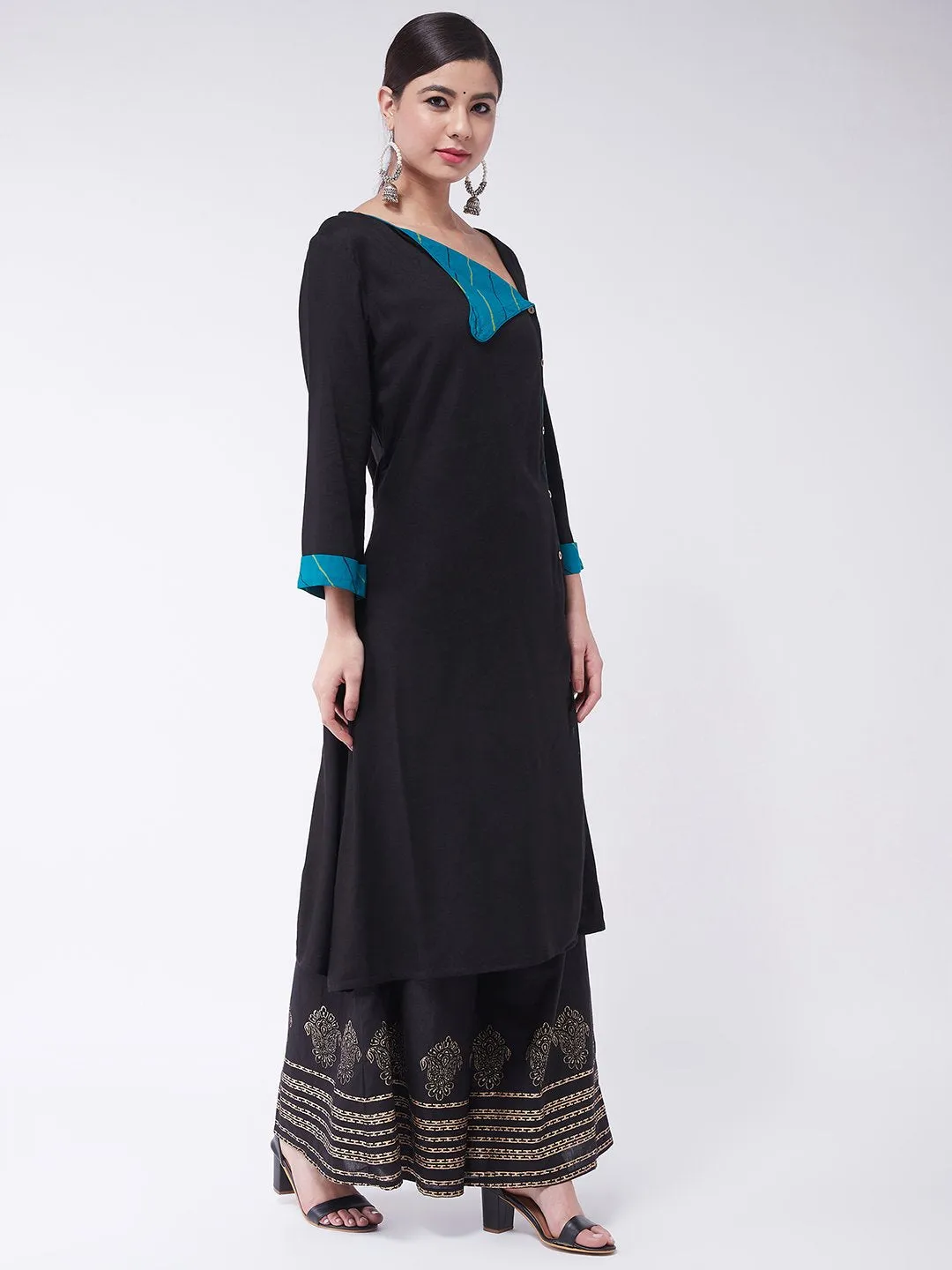 Black Collared Kurta Set With Palazzo