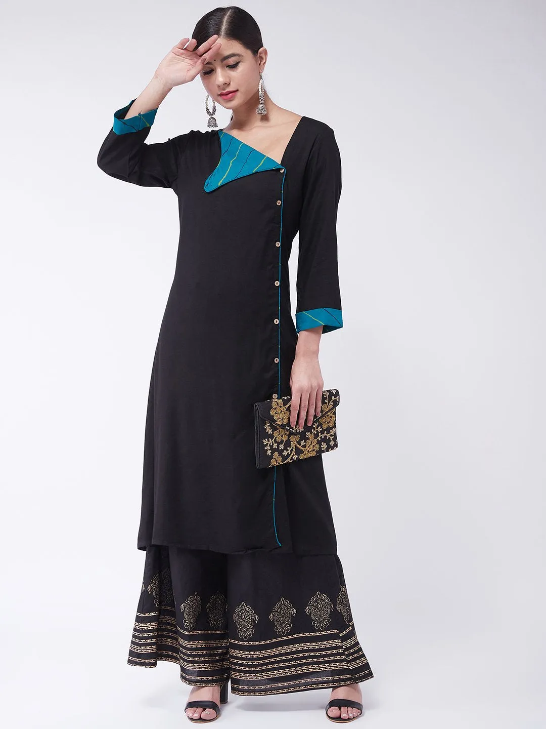 Black Collared Kurta Set With Palazzo