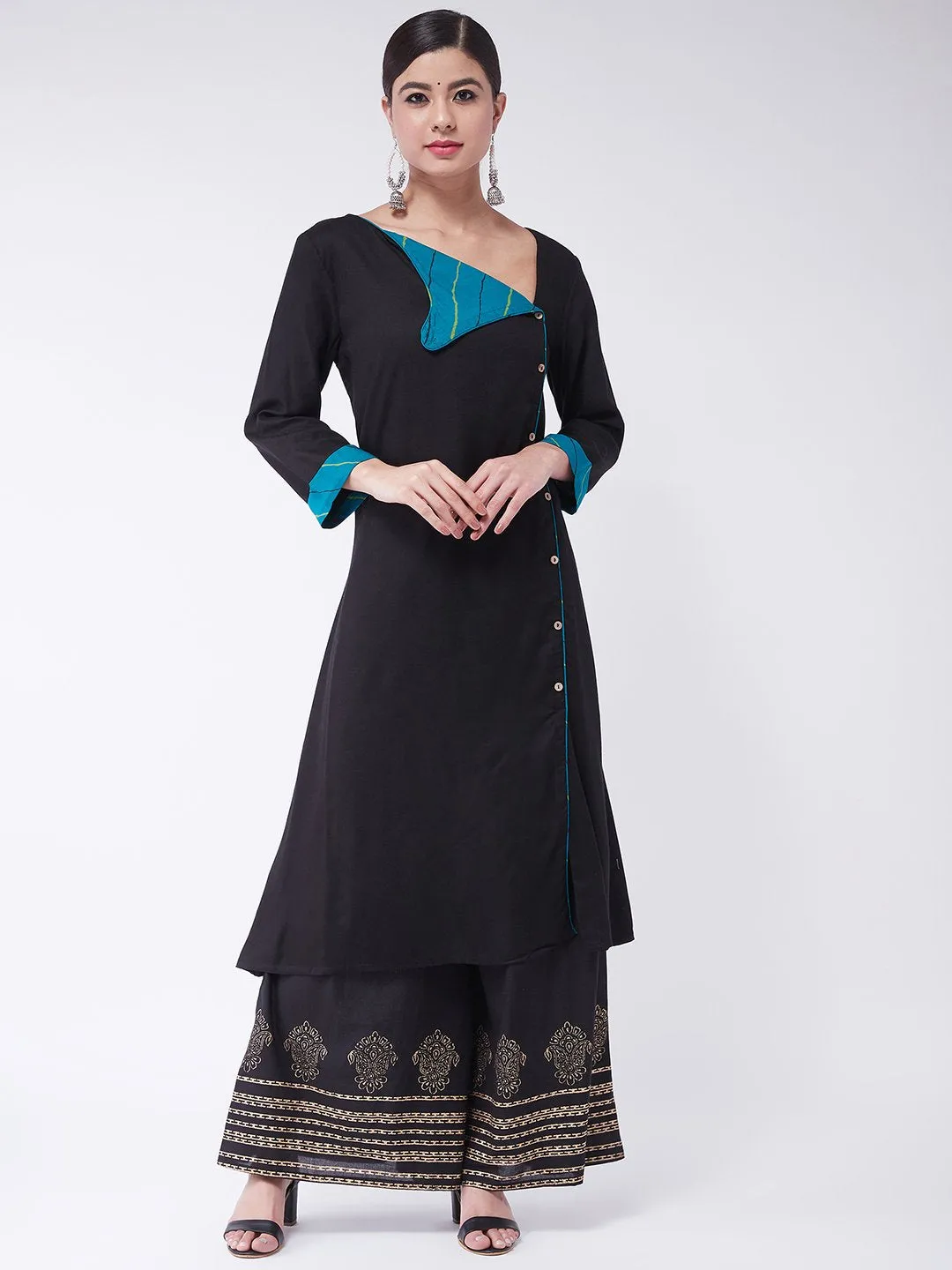 Black Collared Kurta Set With Palazzo