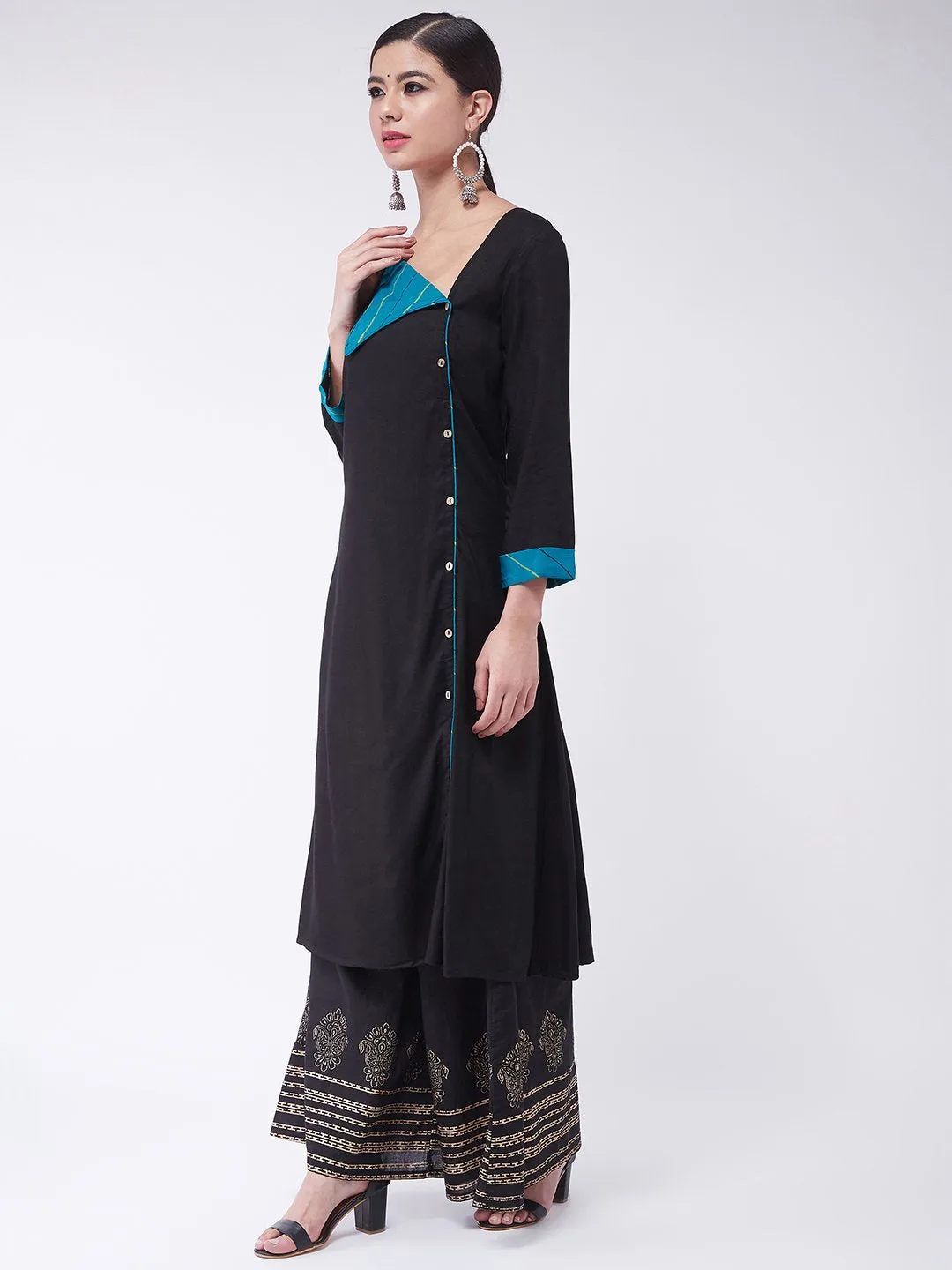 Black Collared Kurta Set With Palazzo