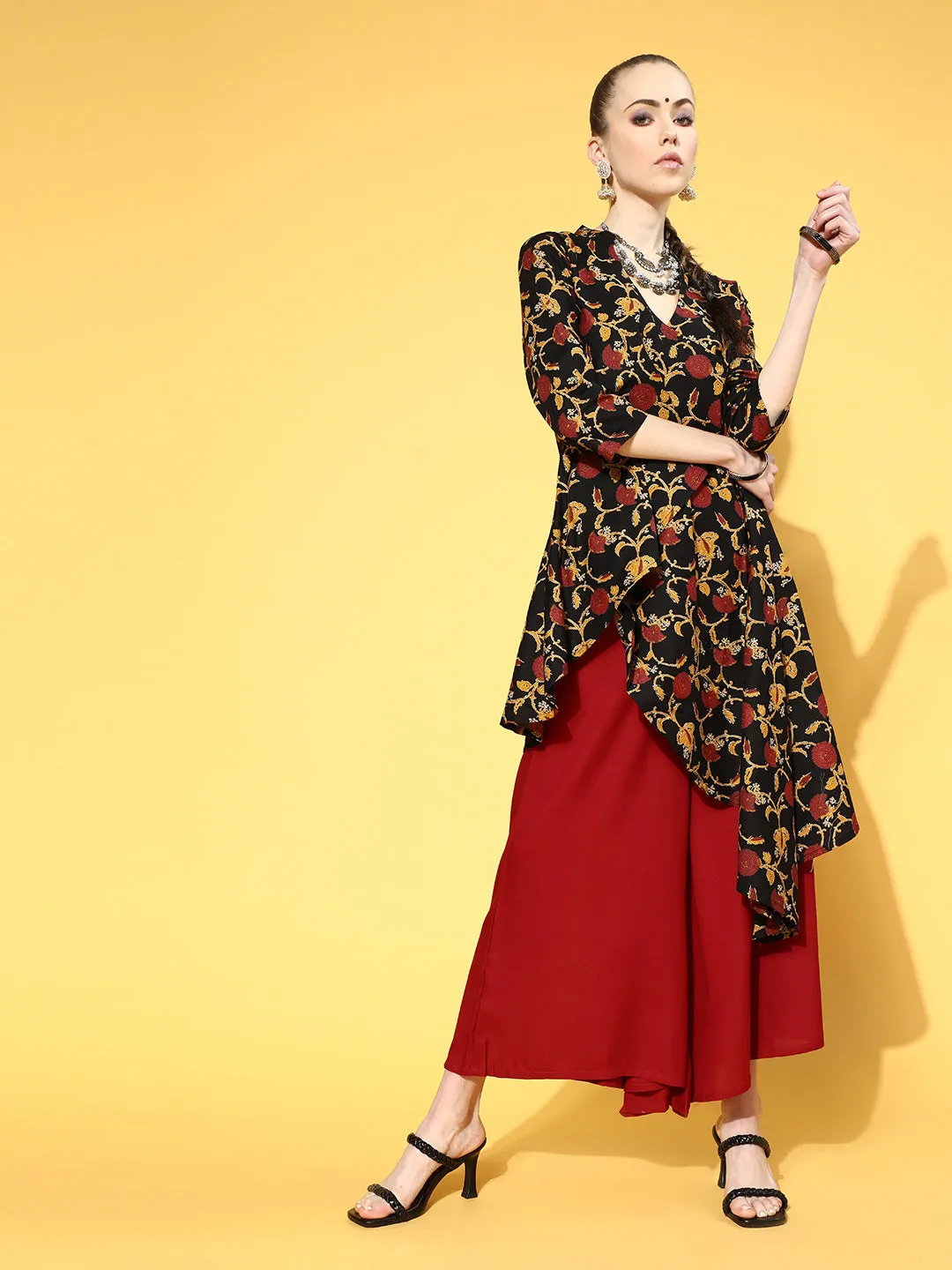 Black Kalamkari Asymmetric Palazzo Top Set