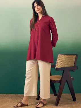 Burgundy Manderian V Neck Button Kurta Cream Pant Set