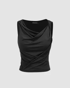 Cowl Neck Knotted Crop Tank Top In Black