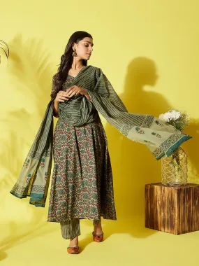 Dark Green Floral A Line Kurta Pant Set