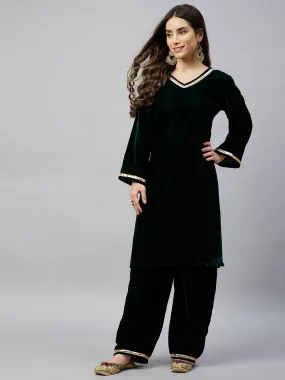 Dark Green Solid Velvet Kurta Set