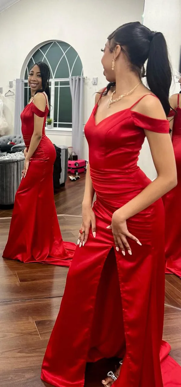 Elegant Cold Shoulder Side Slit V-neck Mermaid Satin Red Long Bridesmaid Dresses Online, BG749