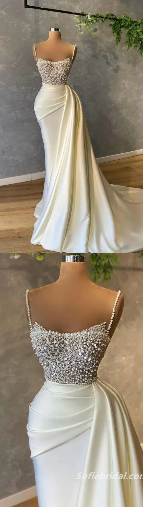 Elegant White Satin Spaghetti Straps Mermaid Evening Prom dresses With Beadings,SFPD0208