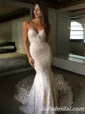 Gorgeous Ivory Strapless Sweetheart Appliques Train Mermaid Wedding Dresses,SFWD0061