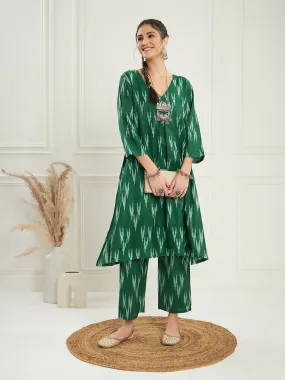 Green Ikkat Print V Neck Kurta Pant Set