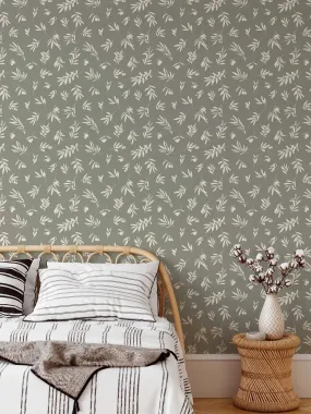 'Harriet' - Vintage White and Green Leaf Removable Wallpaper