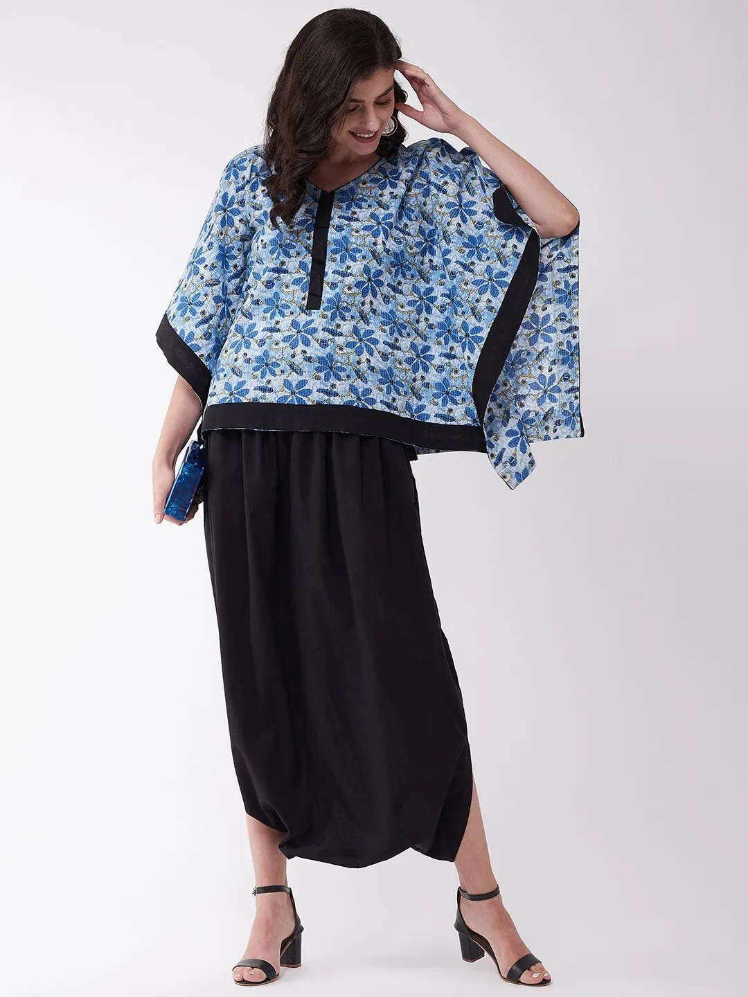 Indigo Kaftan With Black Cowl Dhoti