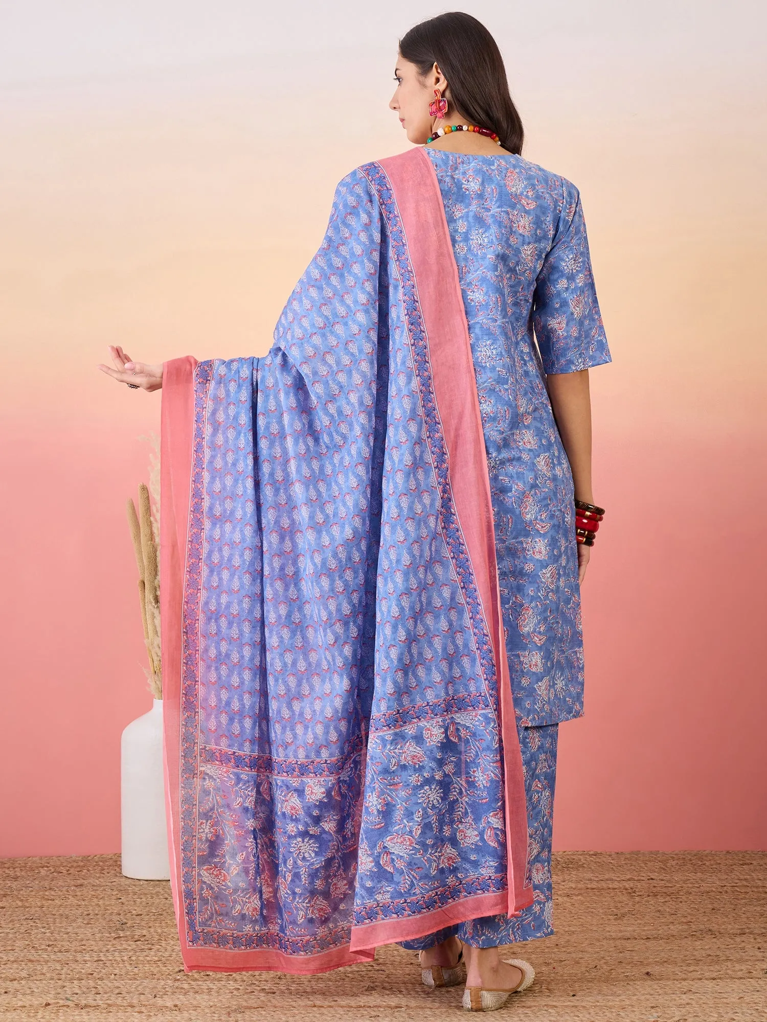 Jordy Blue Floral Print V Neck Straight Kurta Set W Dupatta