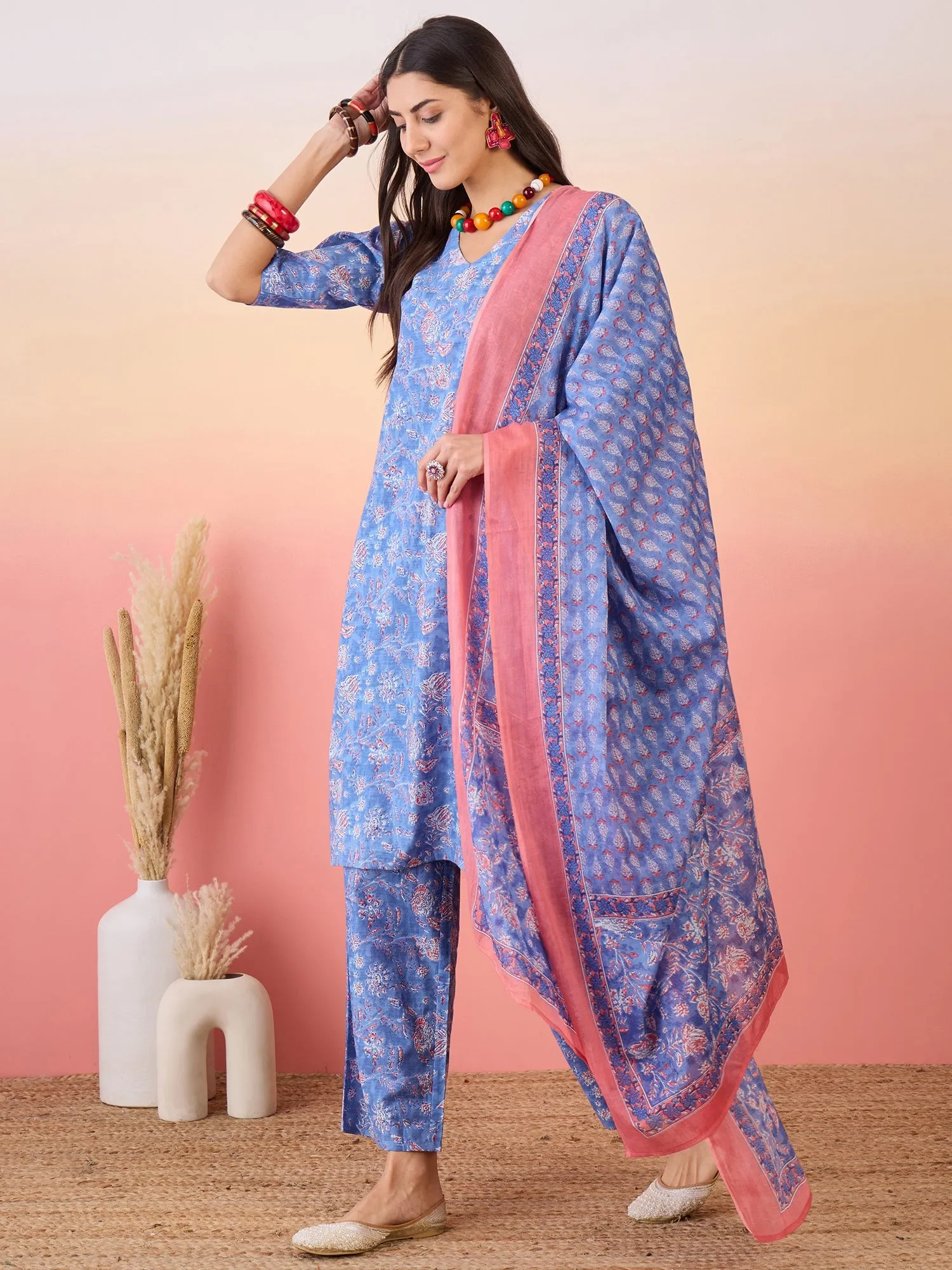 Jordy Blue Floral Print V Neck Straight Kurta Set W Dupatta