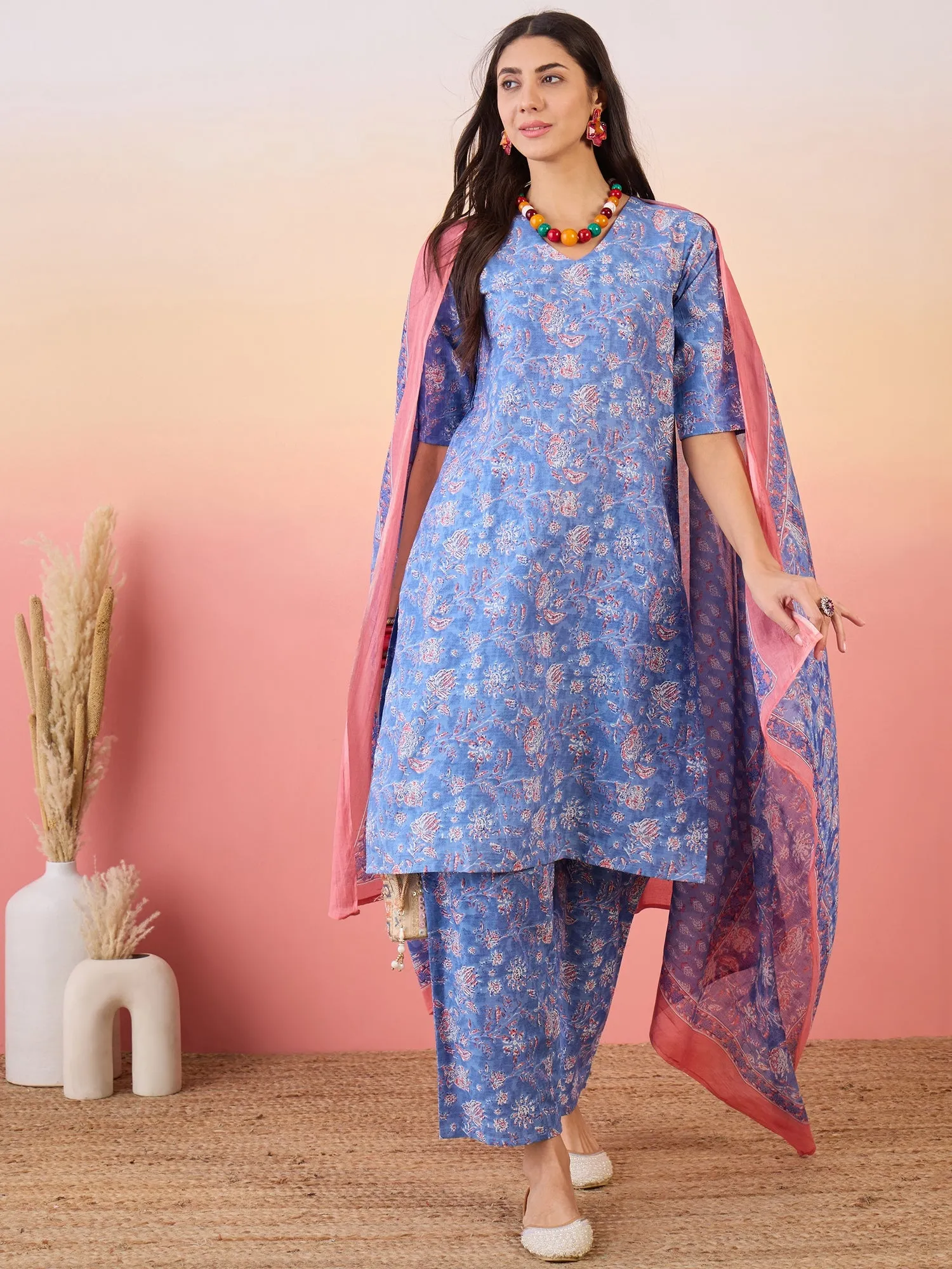 Jordy Blue Floral Print V Neck Straight Kurta Set W Dupatta