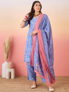 Jordy Blue Floral Print V Neck Straight Kurta Set W Dupatta