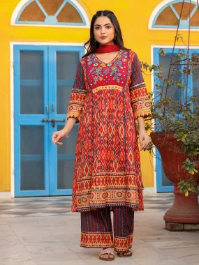 Juniper Rust Ikat Printed Cotton Voile Kurta Pants & Dupatta Set With Thread Work