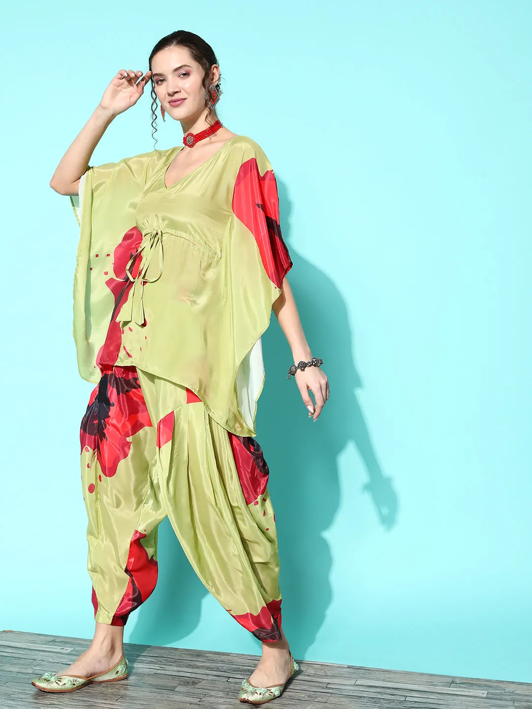 Lime Green Red Big Motif Print Kurta Set