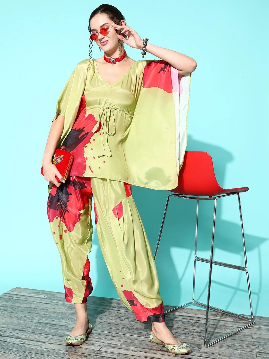 Lime Green Red Big Motif Print Kurta Set