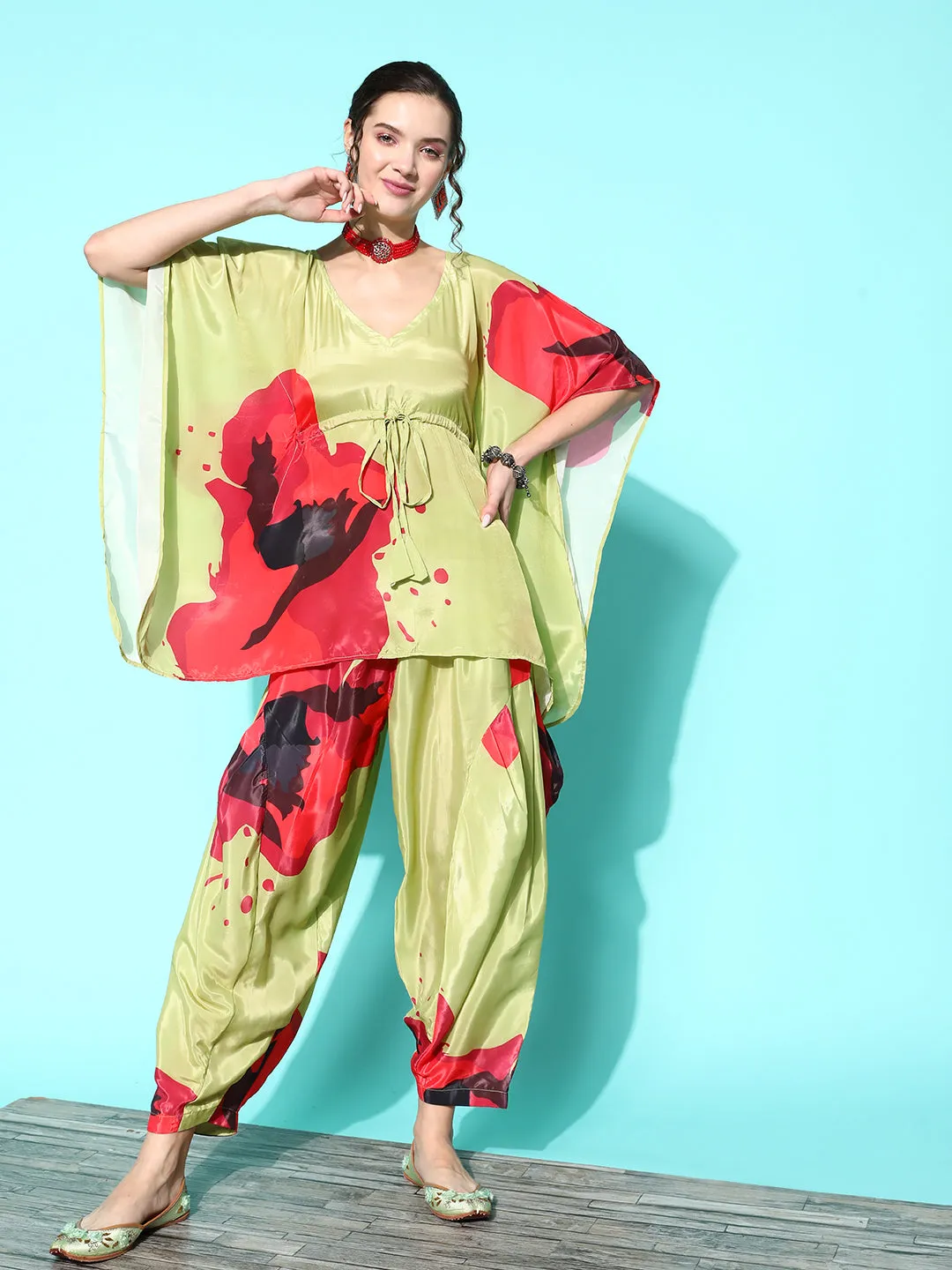 Lime Green Red Big Motif Print Kurta Set