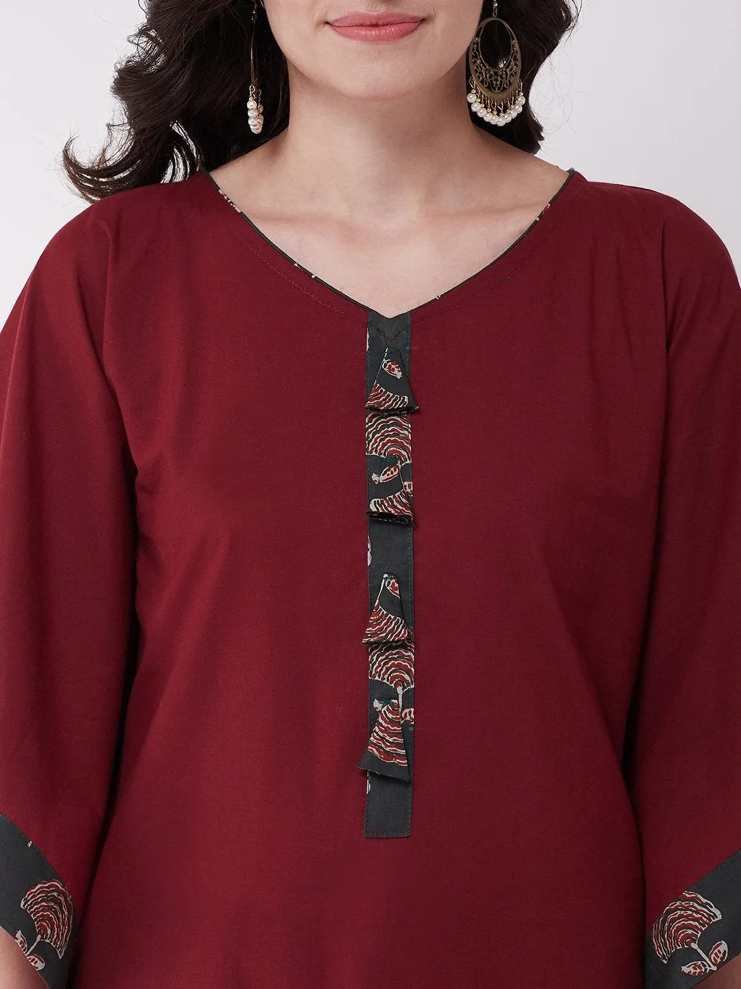 Maroon Green Kaftan Tunic With Cowl Dhoti