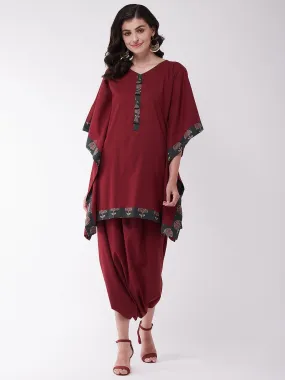 Maroon Green Kaftan Tunic With Cowl Dhoti