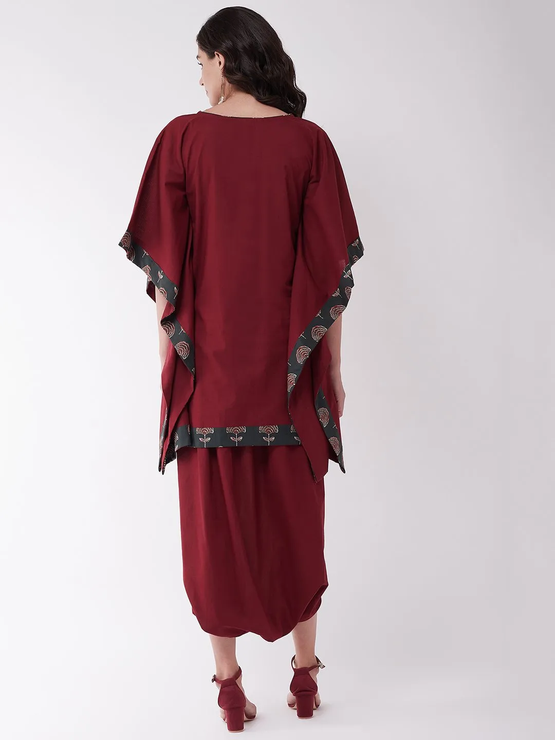 Maroon Green Kaftan Tunic With Cowl Dhoti