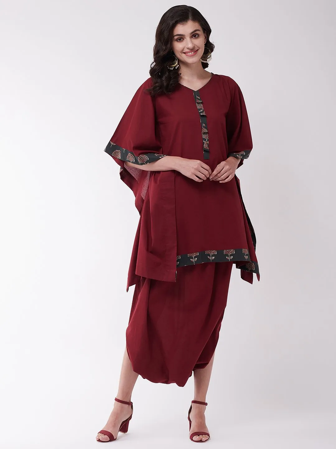 Maroon Green Kaftan Tunic With Cowl Dhoti