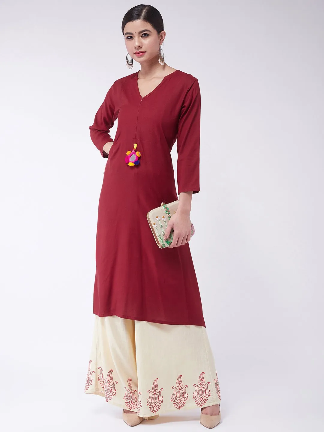 Maroon Kurta Mirror Tassel Set With Palazzo