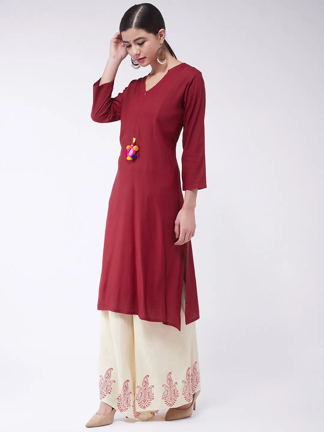 Maroon Kurta Mirror Tassel Set With Palazzo