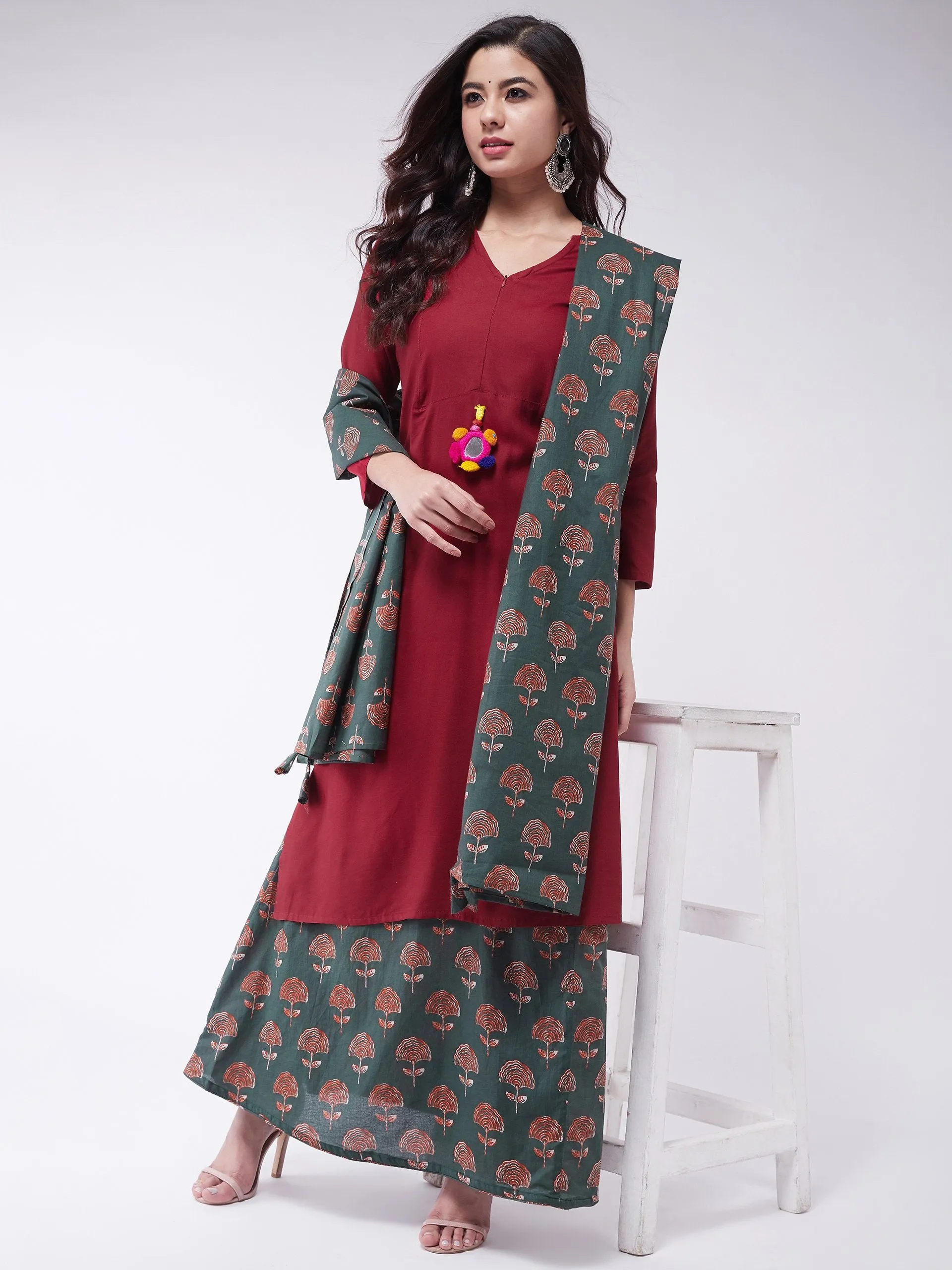 Maroon Kurta Skirt Set With Dupatta