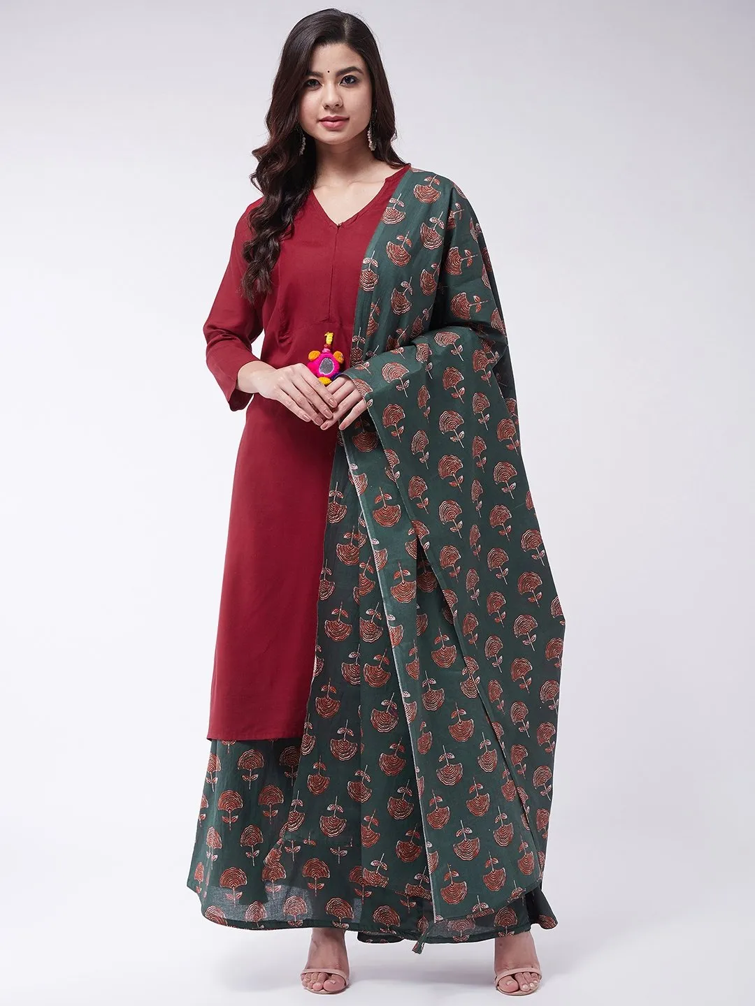 Maroon Kurta Skirt Set With Dupatta