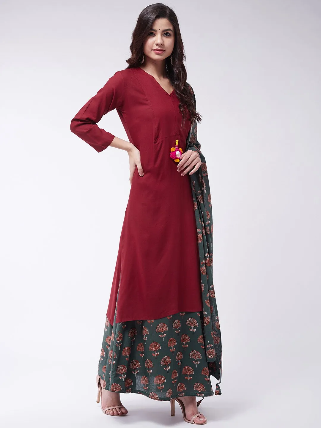 Maroon Kurta Skirt Set With Dupatta