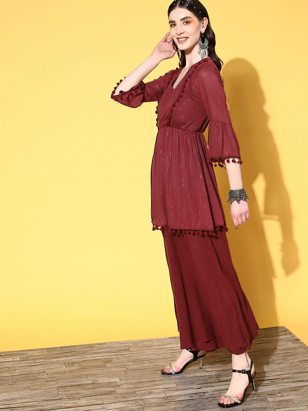 Maroon Lurex Lace Dress Palazzo Co-Ord Set