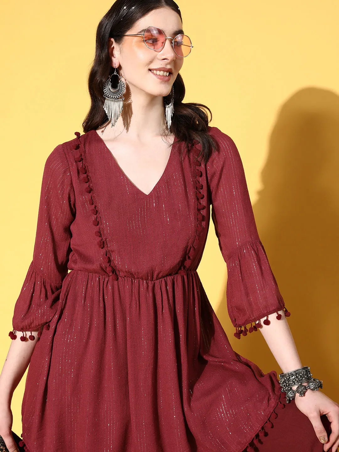 Maroon Lurex Lace Dress Palazzo Co-Ord Set