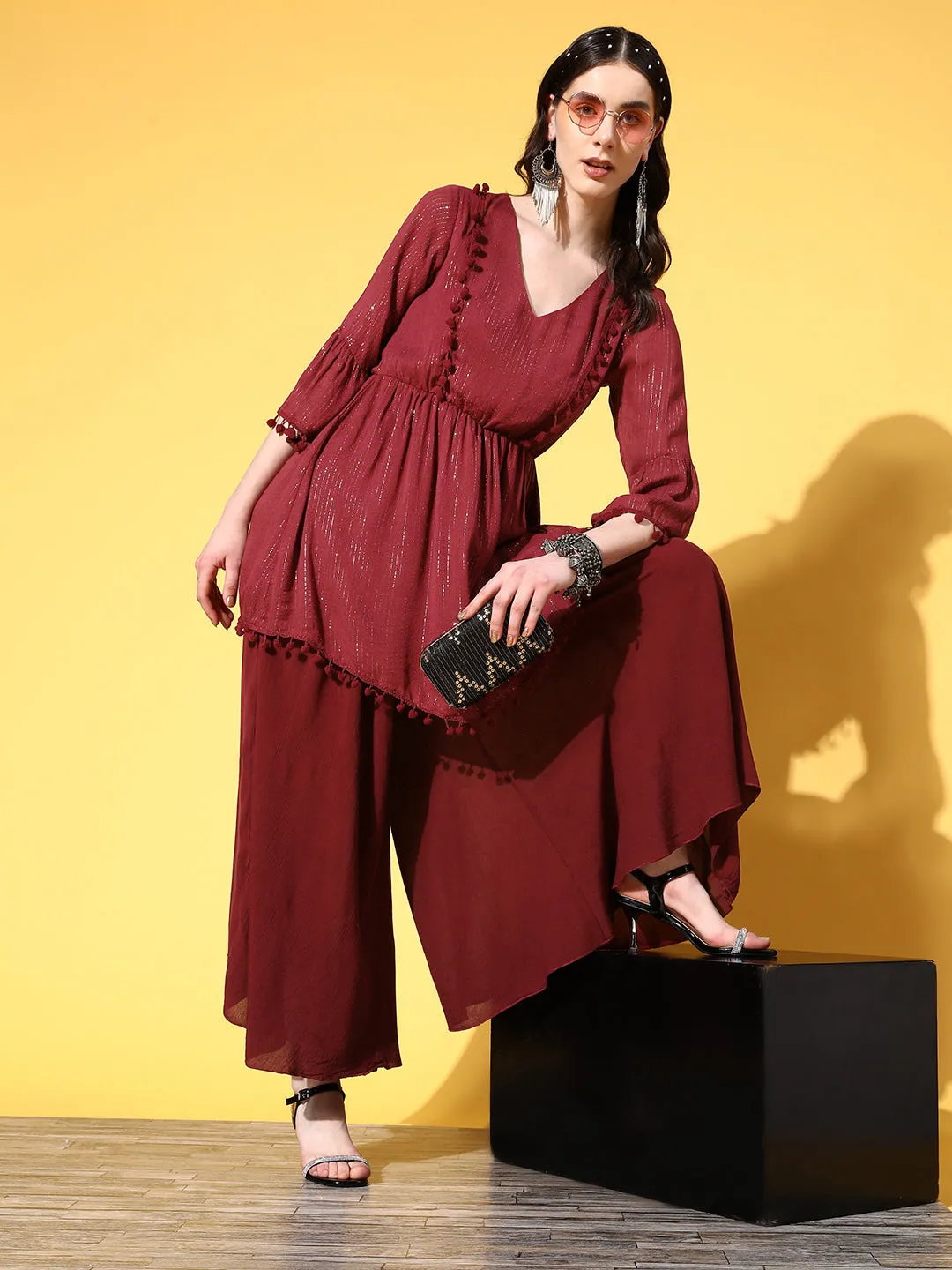 Maroon Lurex Lace Dress Palazzo Co-Ord Set