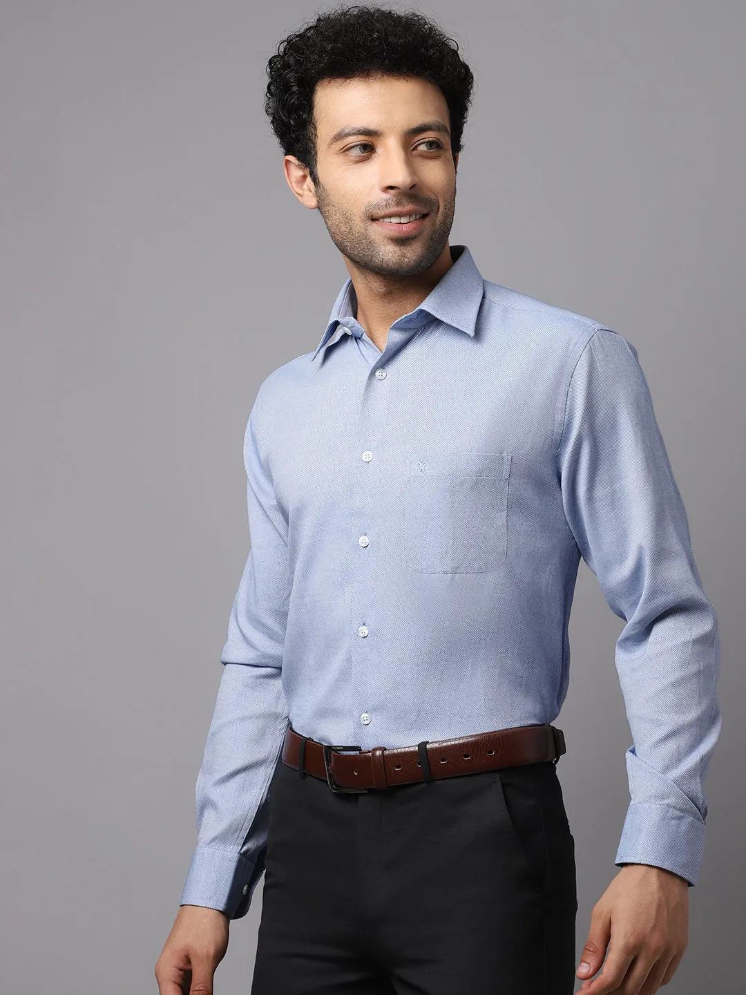 Men's Blue Formal Self Textured Full Sleeve Shirt