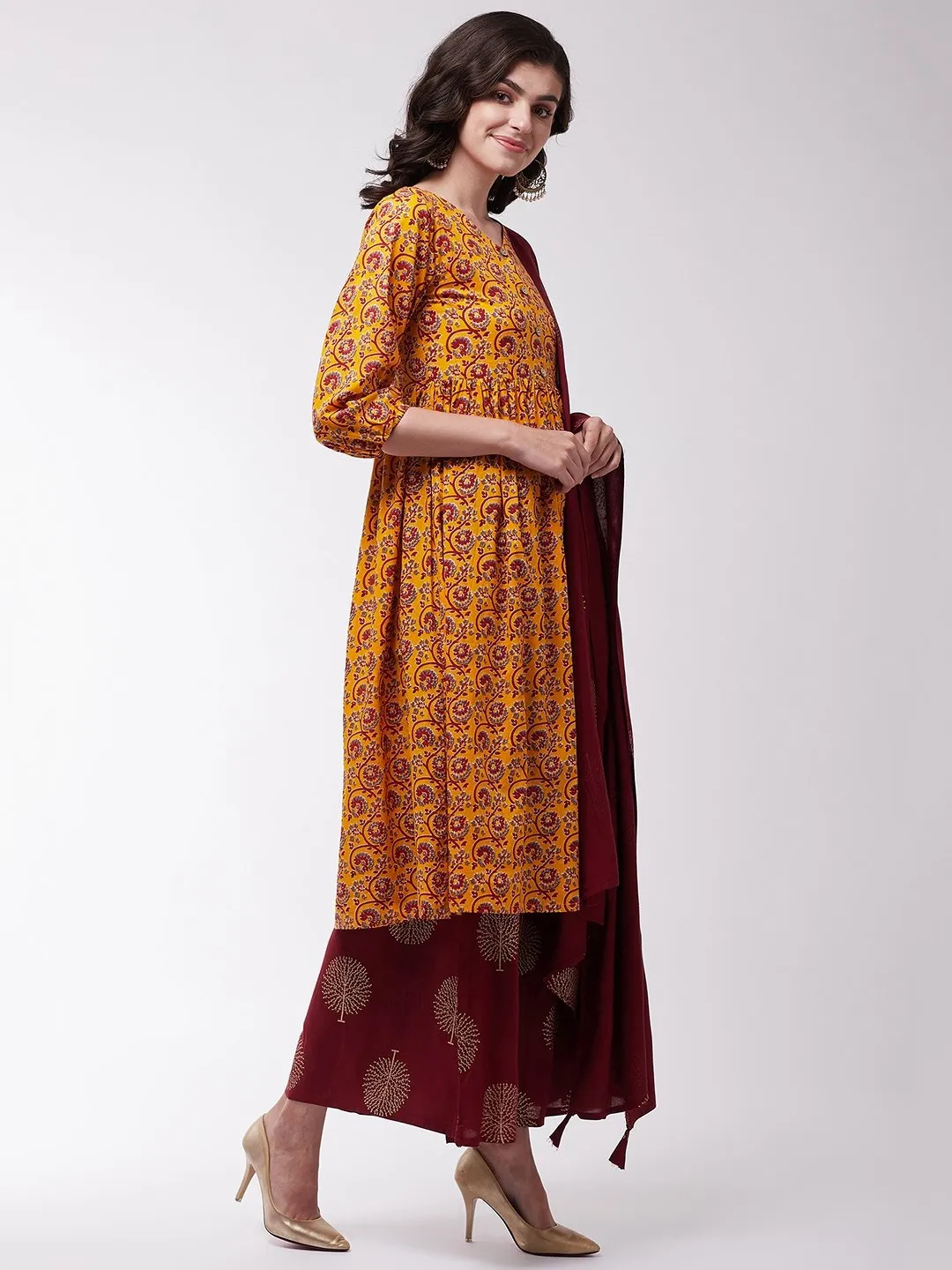 Mustard And Maroon Kurta Set