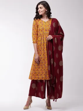 Mustard And Maroon Kurta Set