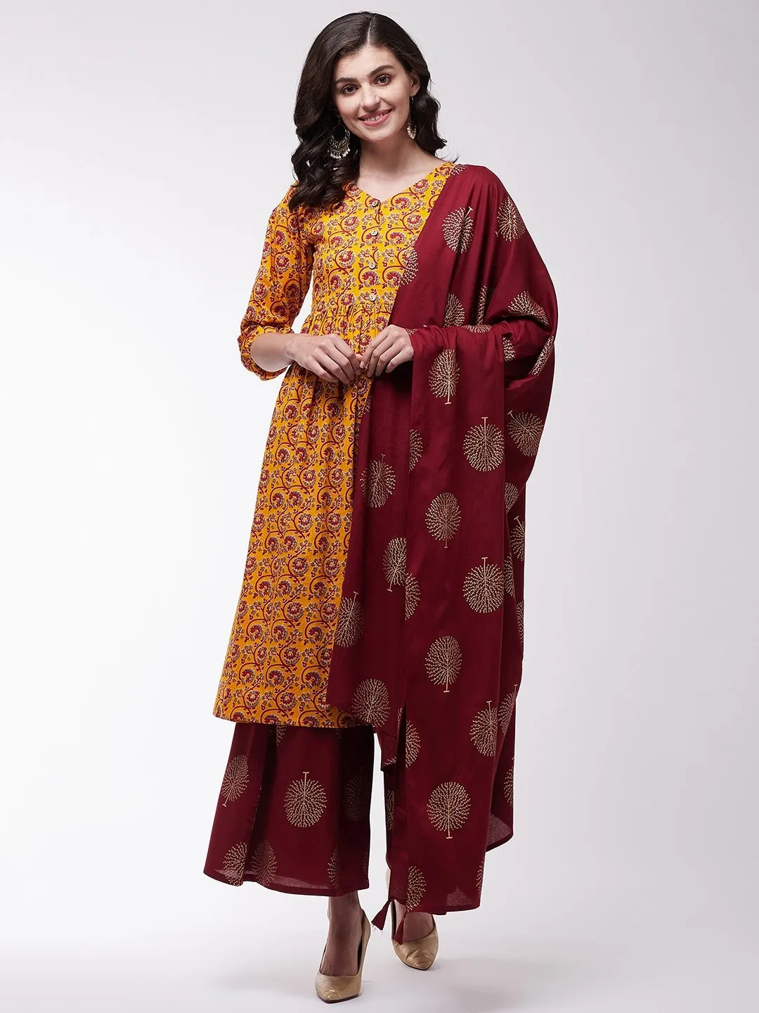 Mustard And Maroon Kurta Set