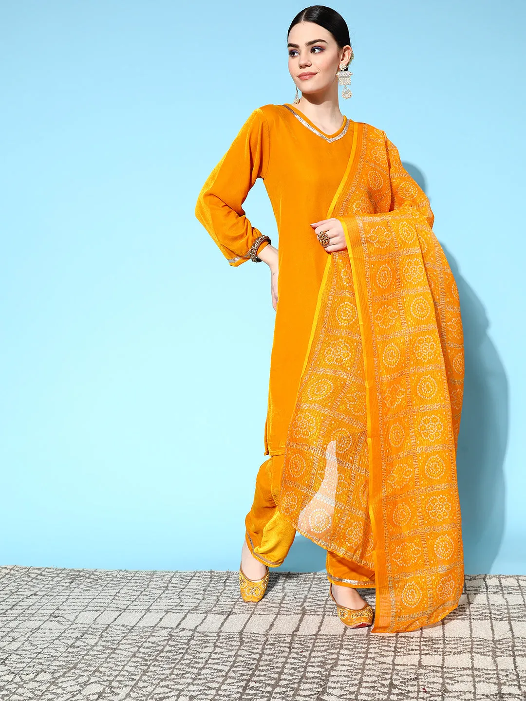 Mustard Velvet Kurta Set With Mustard Kota Bandhani Dupatta