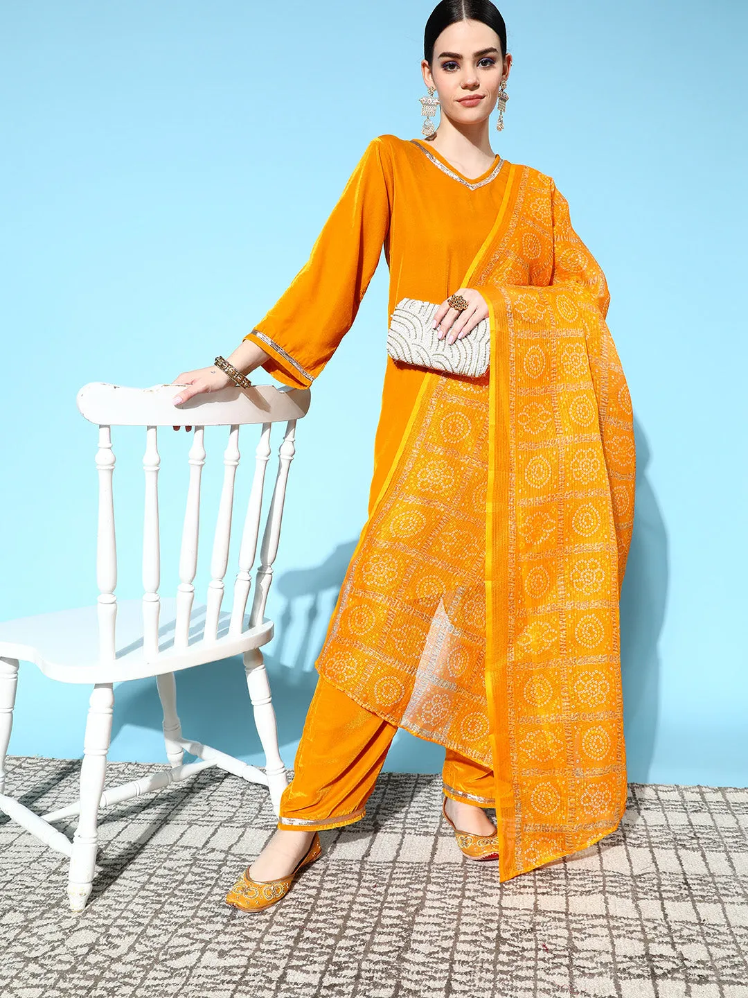 Mustard Velvet Kurta Set With Mustard Kota Bandhani Dupatta