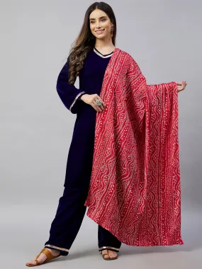 Navy Velvet Kurta Set With Maroon Bandhani Fosilk Dupatta