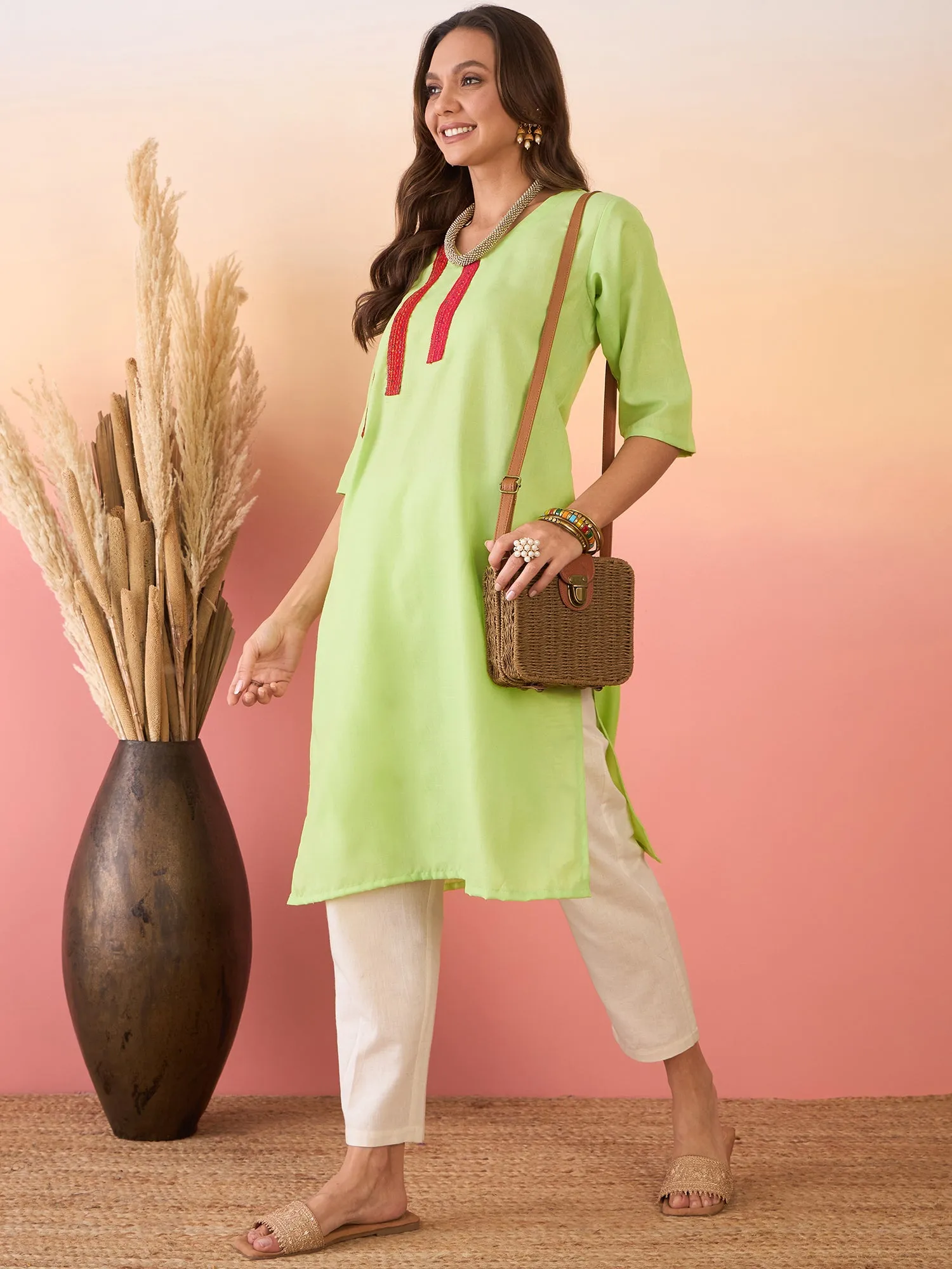 Neon Green Linen Red Patti V Neck Kurta