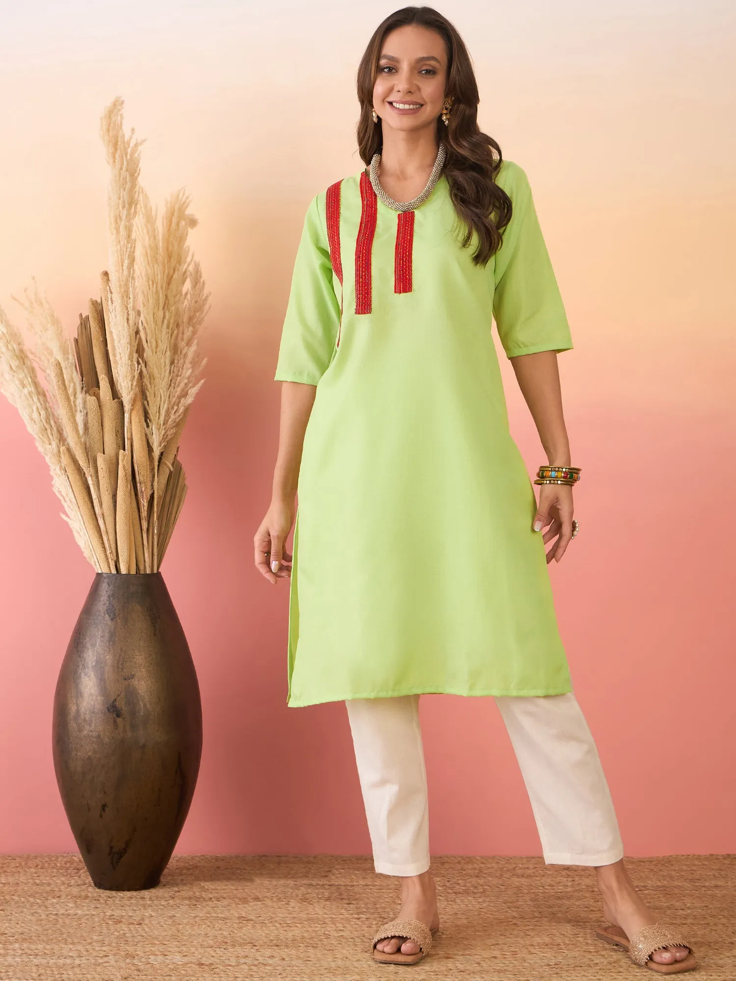 Neon Green Linen Red Patti V Neck Kurta