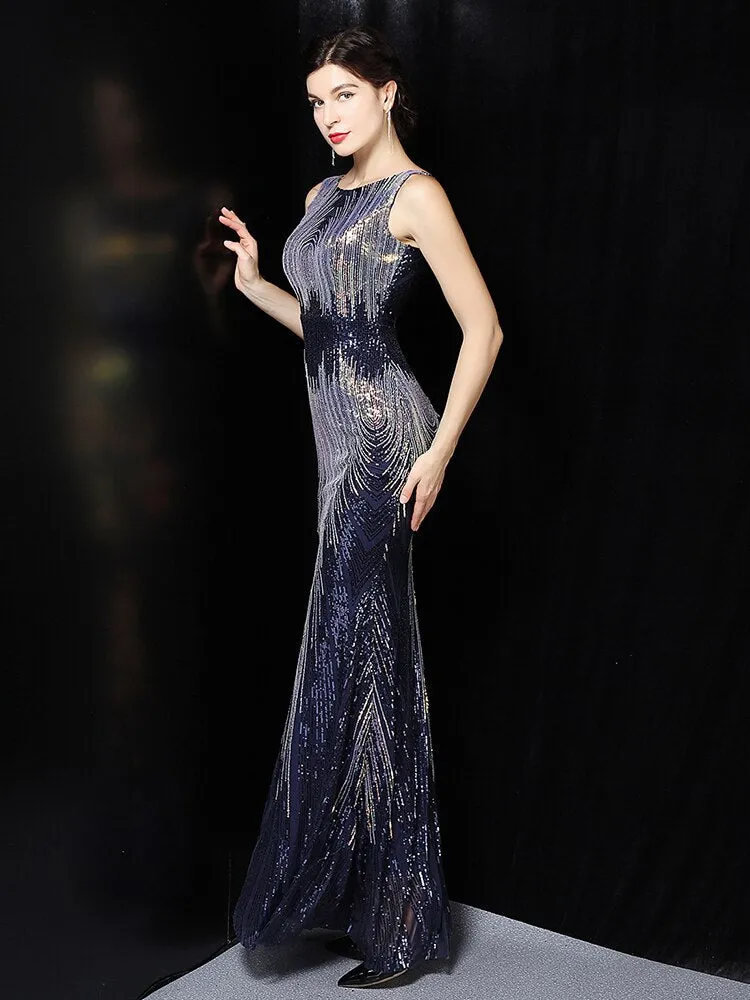 O-neck Sleeveless Shinning Sequins Elegant Mermaid Evening Dress Women Formal Floor Length Party Prom Gowns Stretch Robe